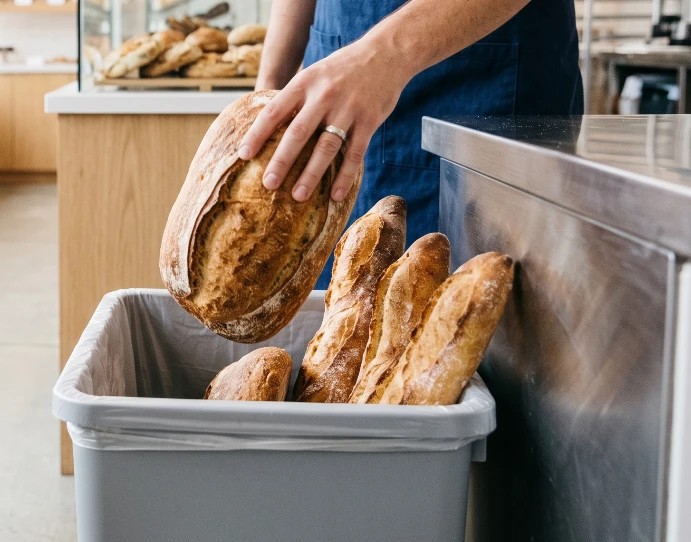Baker in a blue apron placing a loaf of bread into a trash bin already holding baguettes