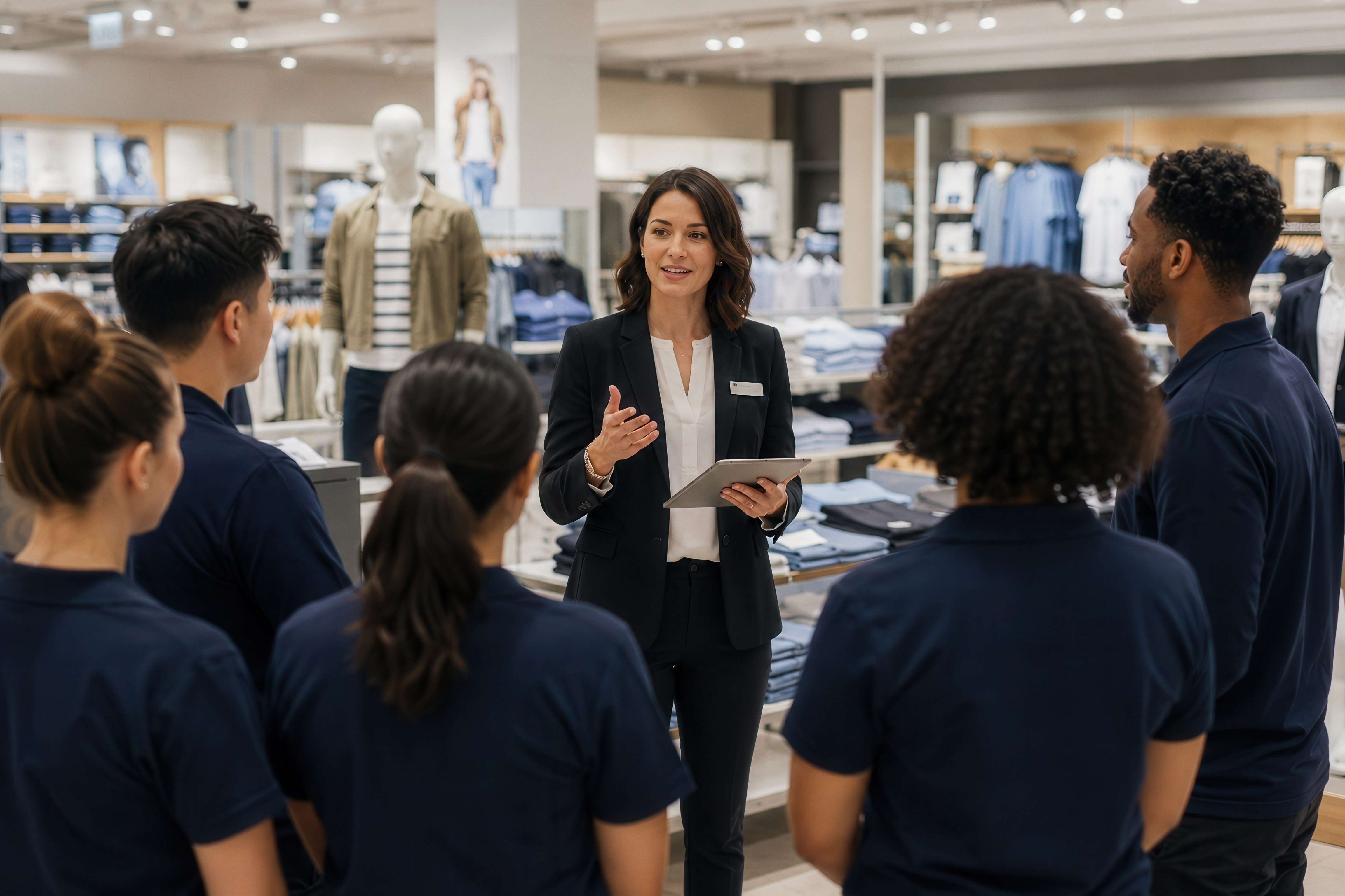Woman speaking to group on sales floor